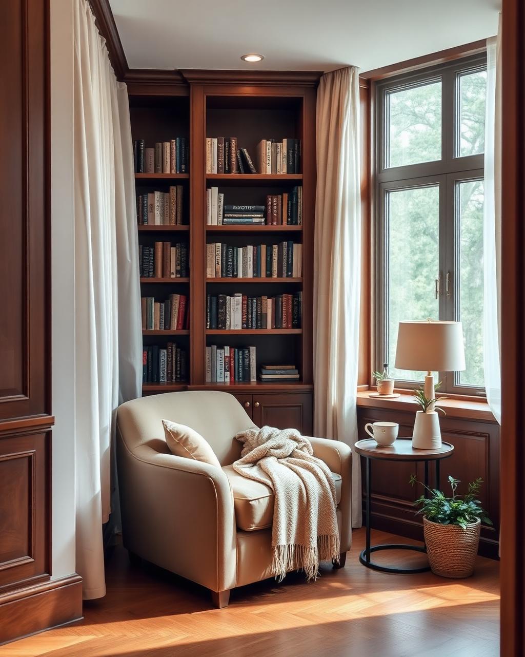 Secluded reading nook with plush armchair and built-in bookshelves