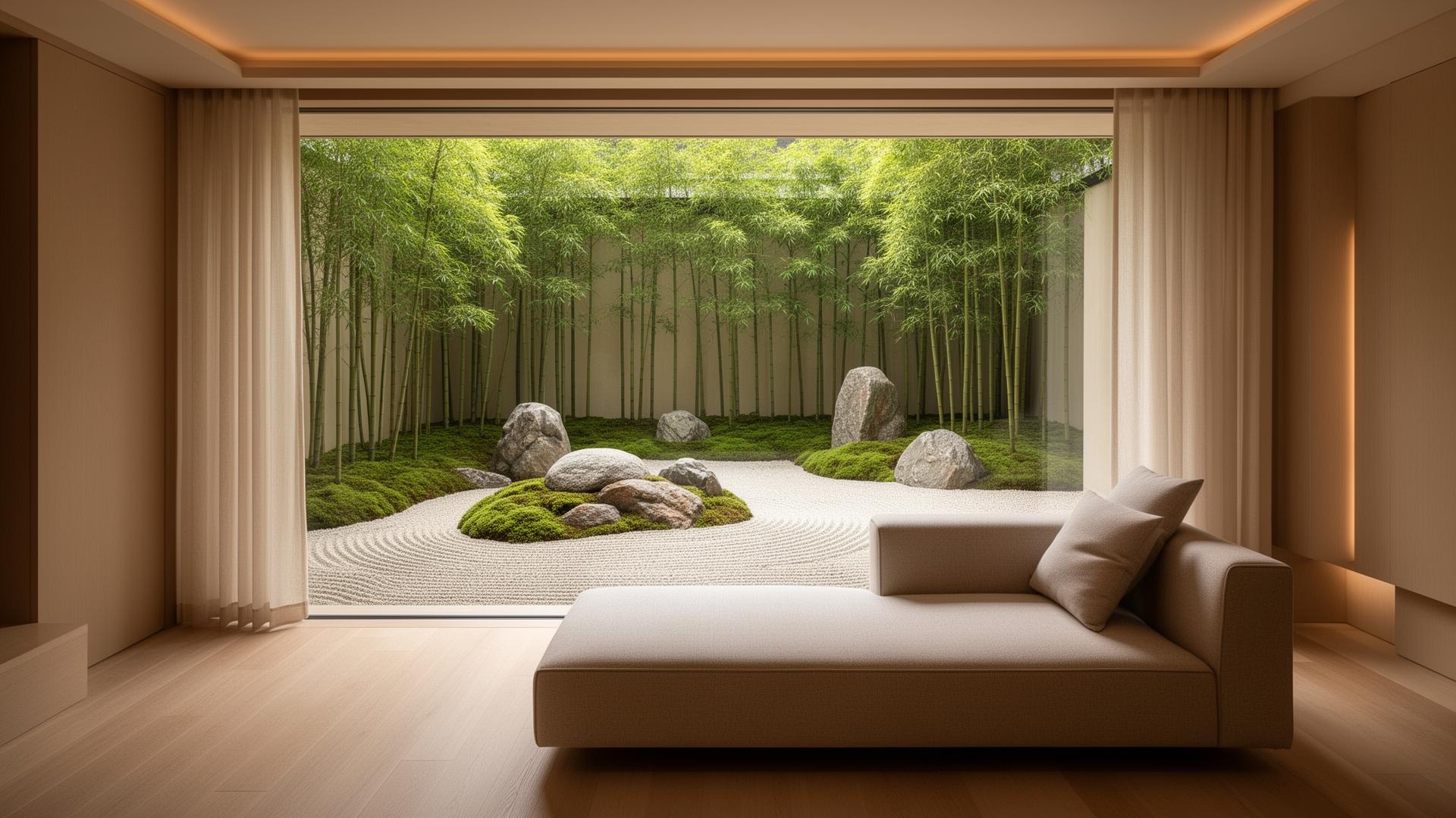Serene living space overlooking a tranquil zen garden